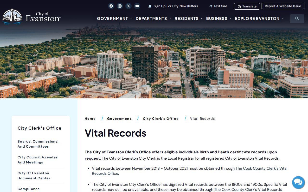 Evanston resident lookup vital records office page
